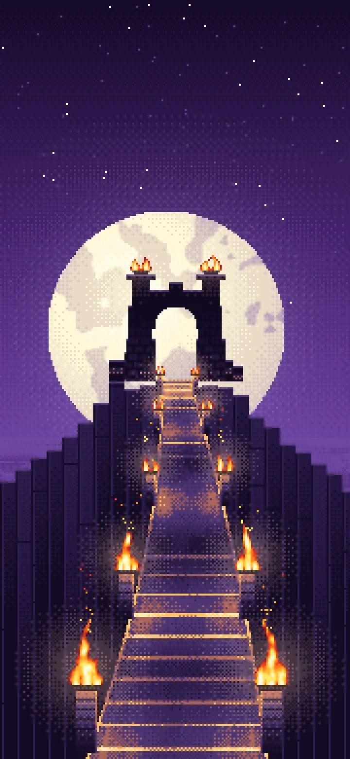 Dark Purple Pixel Art Torch-Lit Stairway at Night wallpaper for iPhone and Android