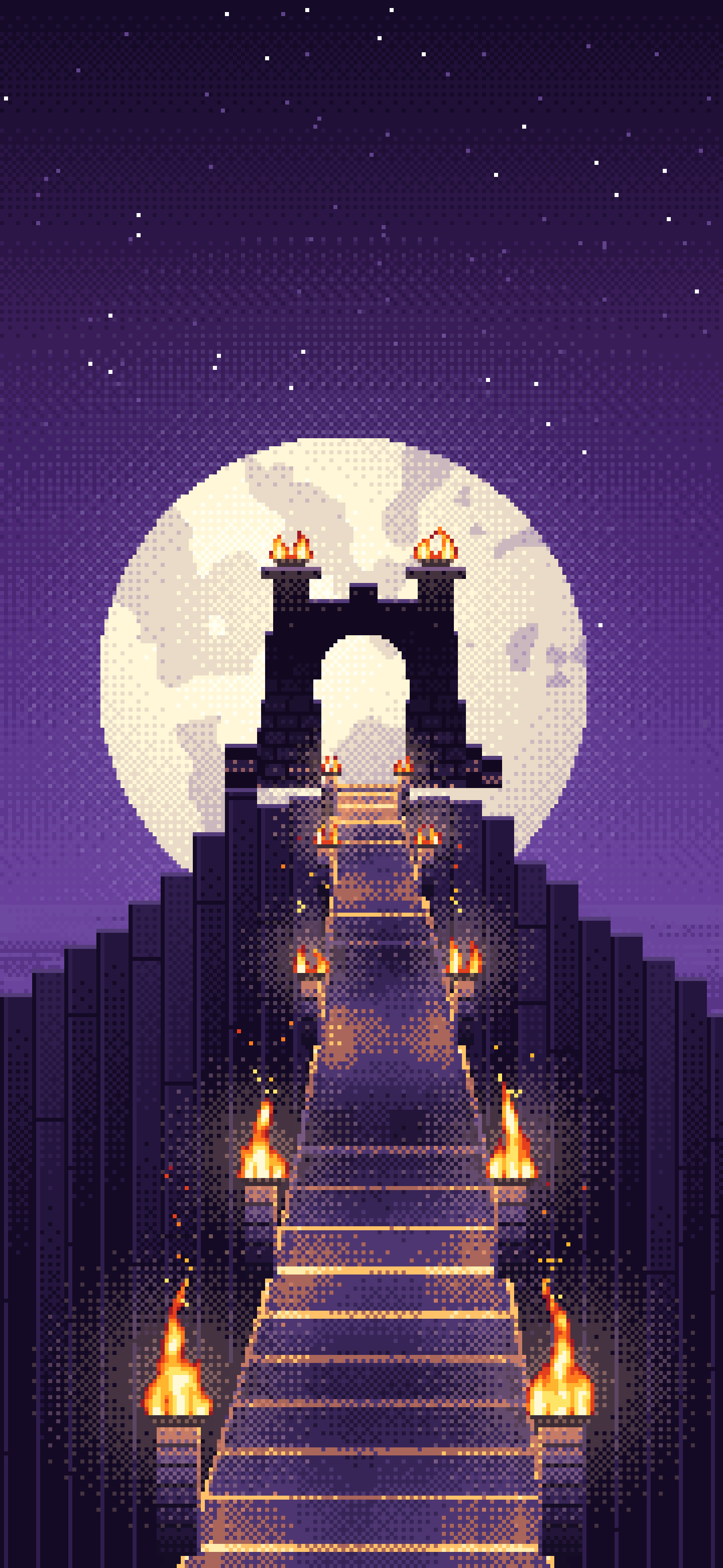 Dark Purple Pixel Art Torch-Lit Stairway at Night wallpaper for iPhone and Android