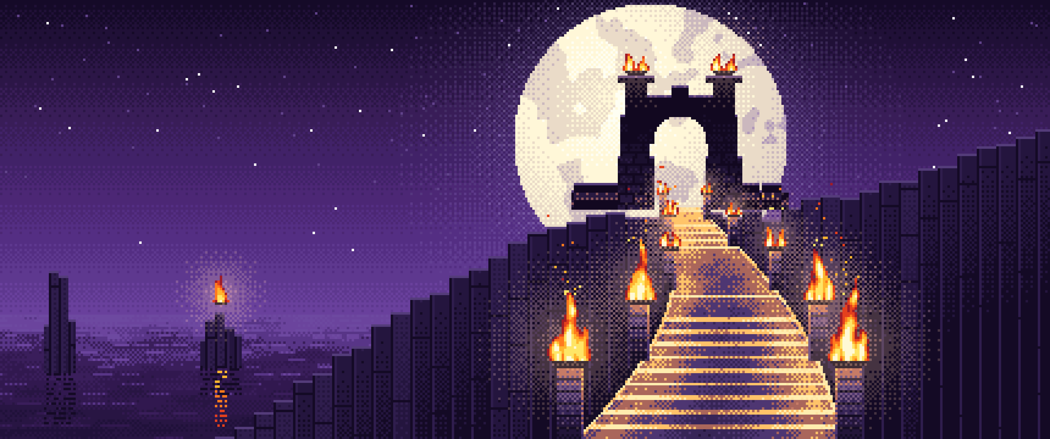 Dark Purple Pixel Art Torch-Lit Stairway at Night ultrawide wallpaper, 3440 × 1440