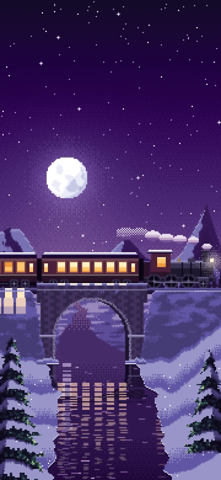 Dark Purple Pixel Art Train Crossing a Snowy Bridge Under the Moon wallpaper for iPhone and Android