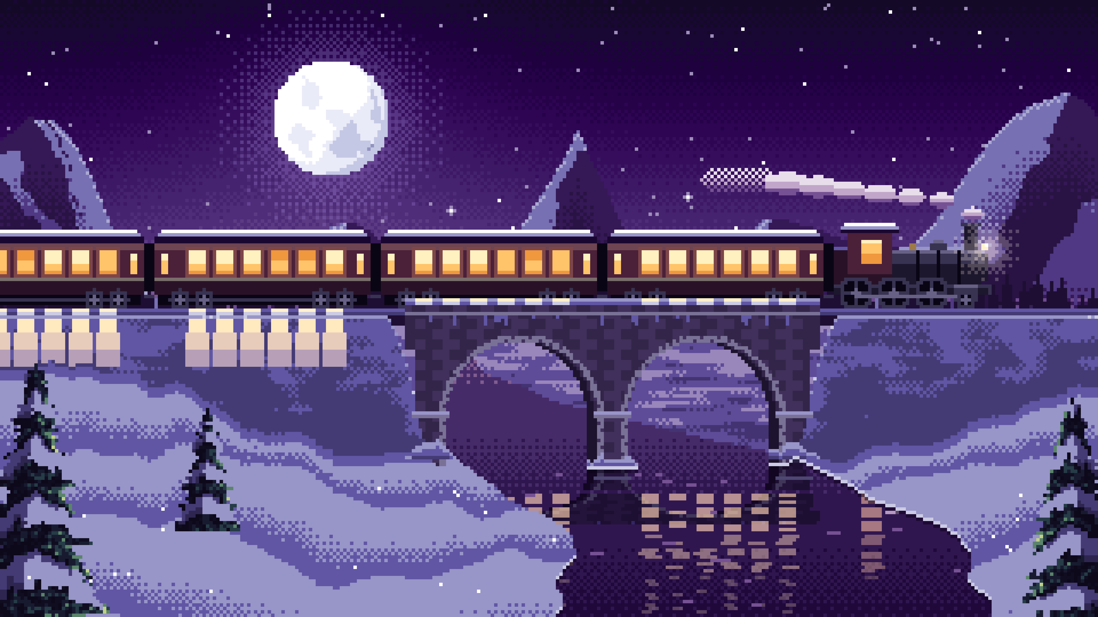 Dark Purple Pixel Art Train Crossing a Snowy Bridge Under the Moon desktop wallpaper in 4K
