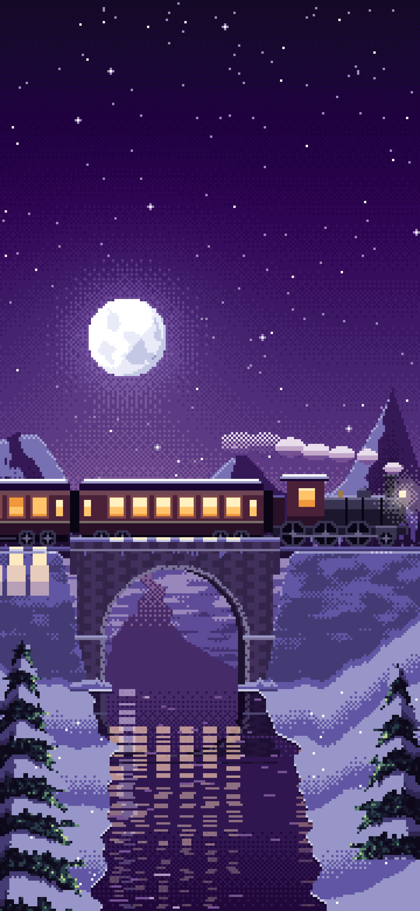 Dark Purple Pixel Art Train Crossing a Snowy Bridge Under the Moon wallpaper for iPhone and Android