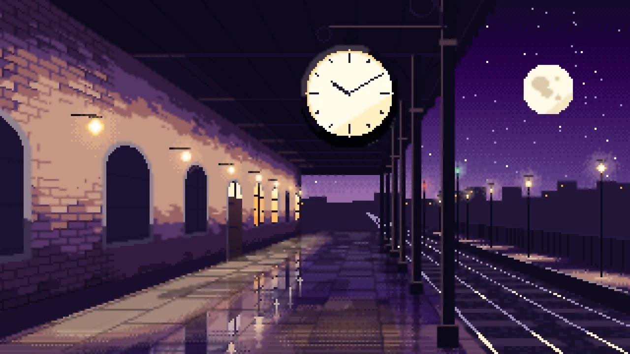 Dark Purple Pixel Art Train Station Clock desktop wallpaper in 4K