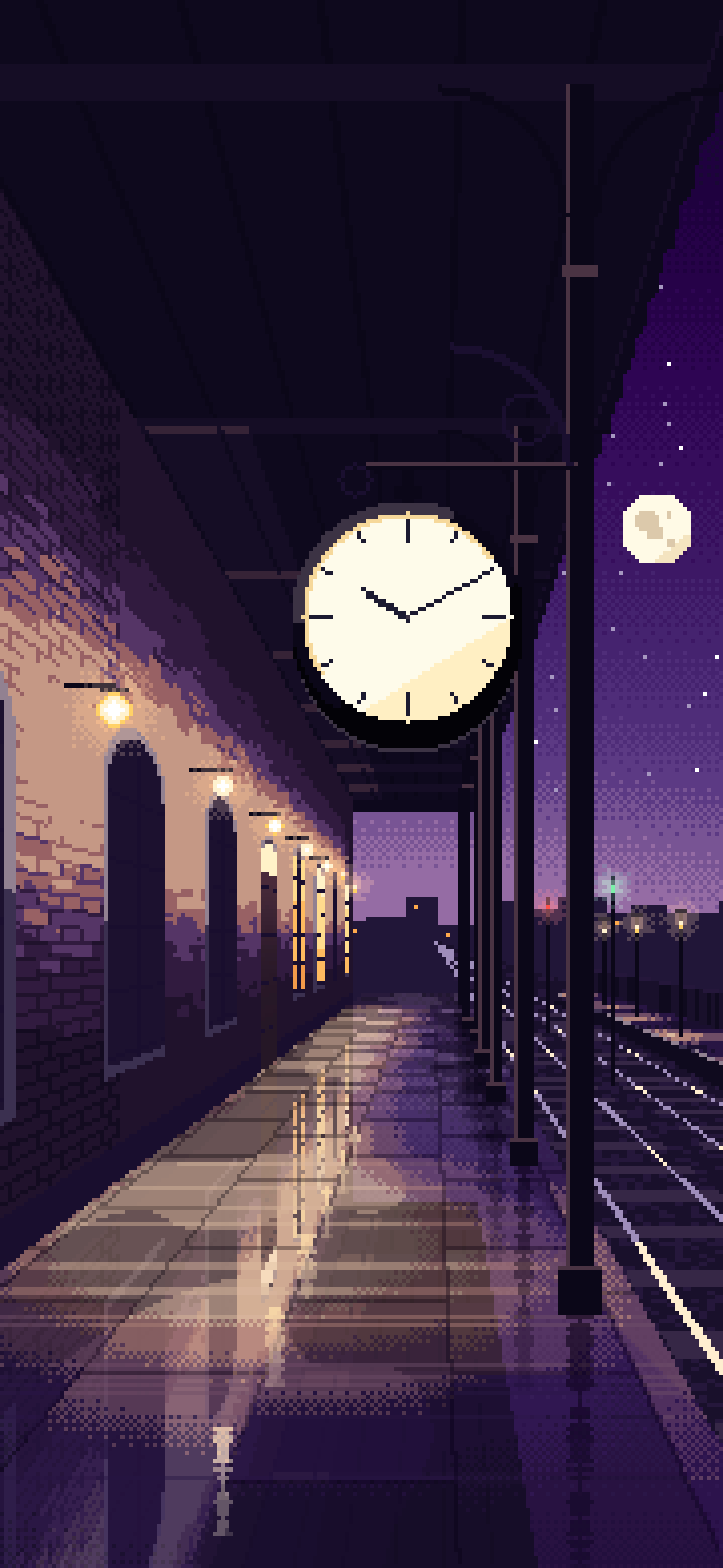 Dark Purple Pixel Art Train Station Clock wallpaper for iPhone and Android