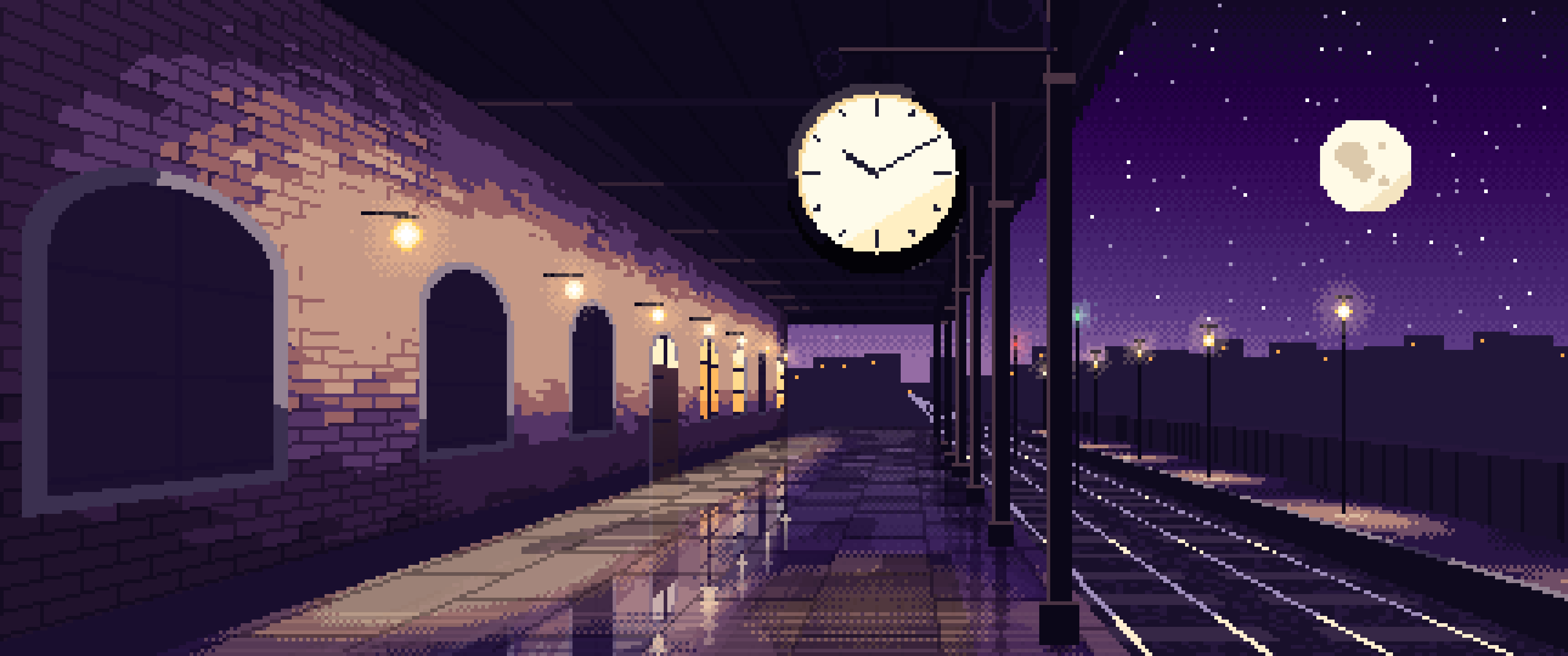 Dark Purple Pixel Art Train Station Clock ultrawide wallpaper, 3440 × 1440