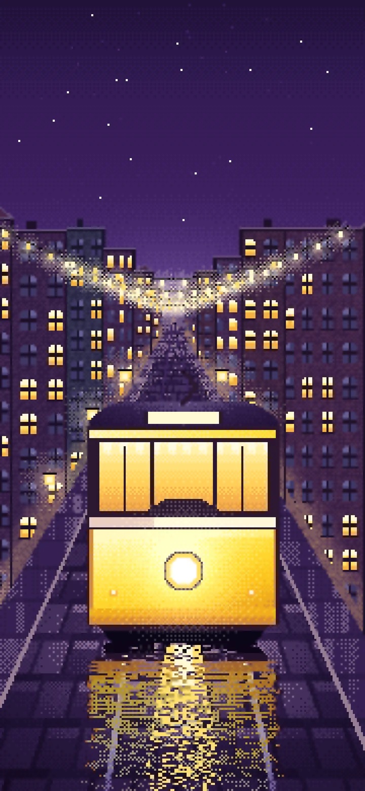 Dark Purple Pixel Art Tram at Night wallpaper for iPhone and Android