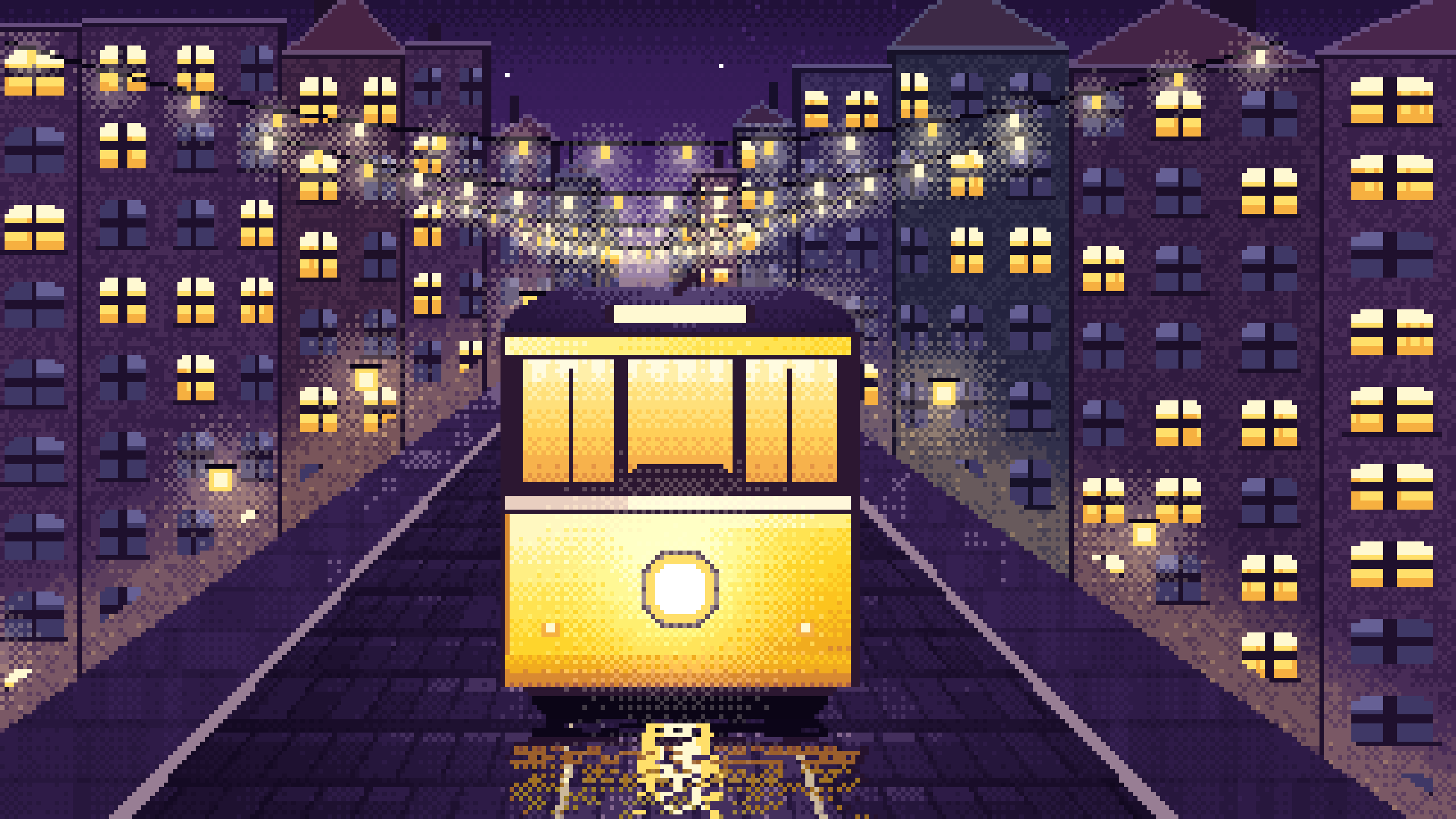 Dark Purple Pixel Art Tram at Night desktop wallpaper in 4K