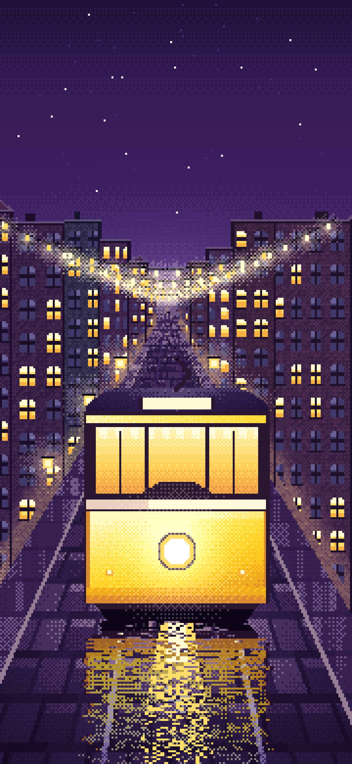 Dark Purple Pixel Art Tram at Night wallpaper for iPhone and Android