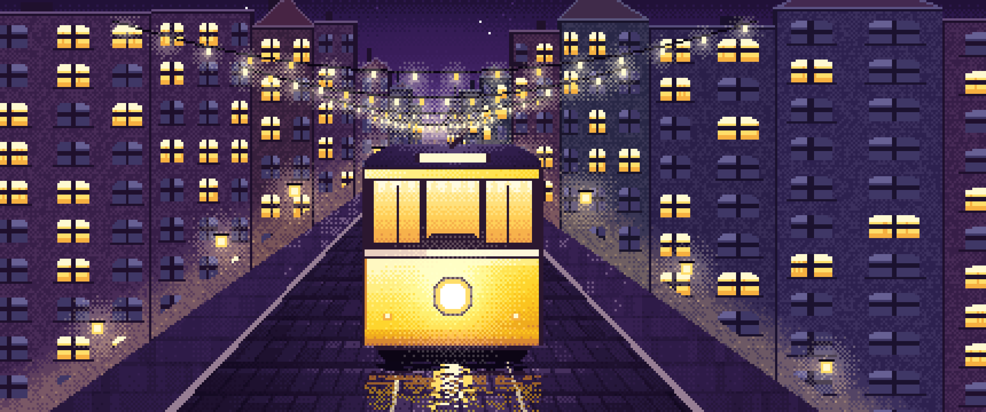 Dark Purple Pixel Art Tram at Night ultrawide wallpaper, 3440 × 1440