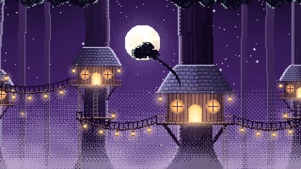 Dark Purple Pixel Art Treehouse in a Fantasy Forest desktop wallpaper in 4K