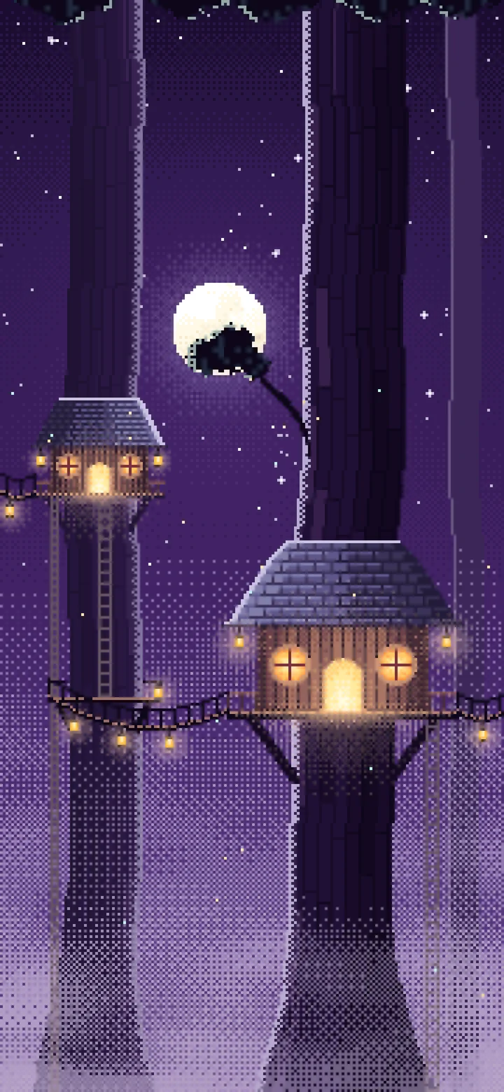 Dark Purple Pixel Art Treehouse in a Fantasy Forest wallpaper for iPhone and Android