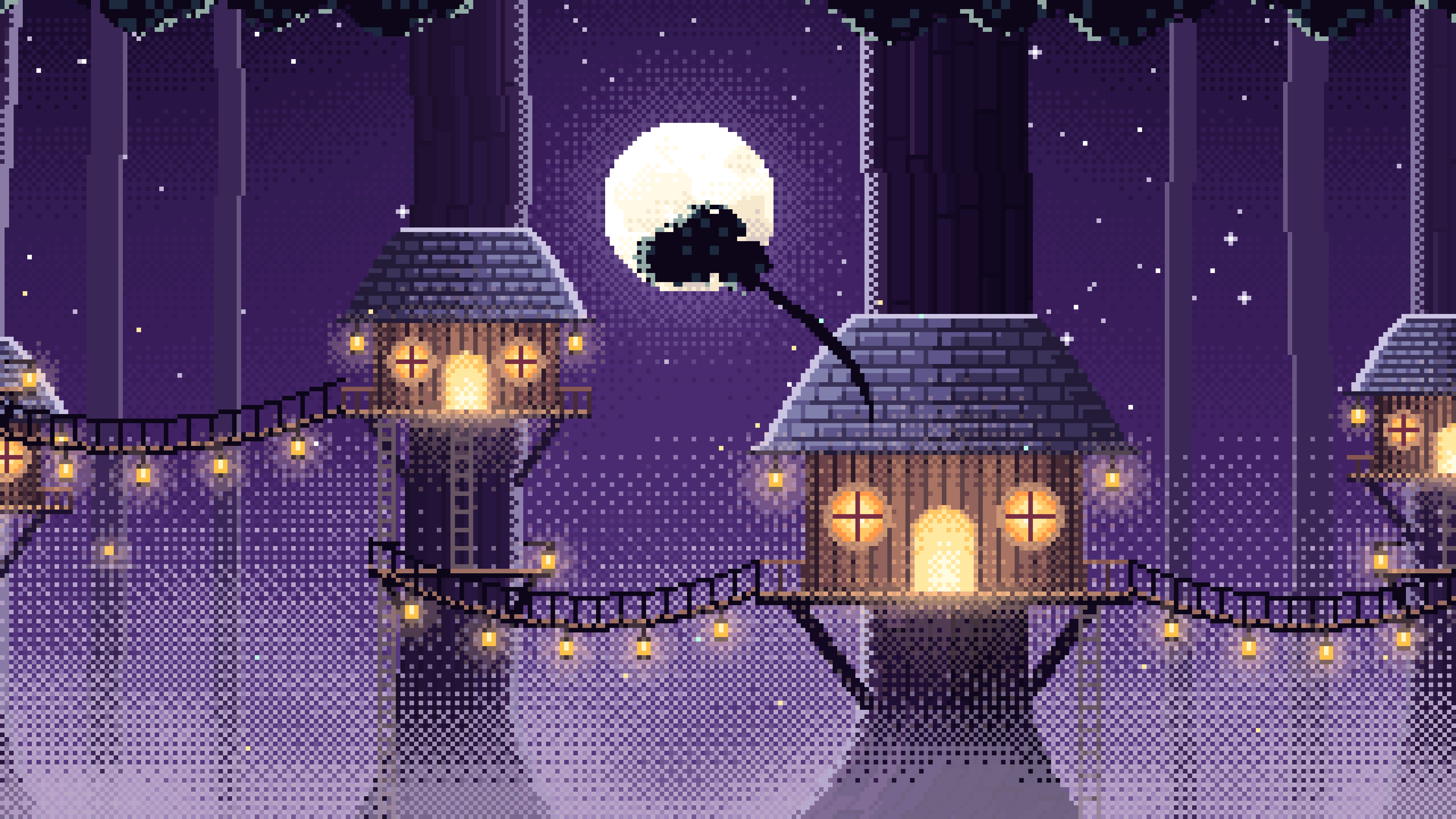 Dark Purple Pixel Art Treehouse in a Fantasy Forest desktop wallpaper in 4K