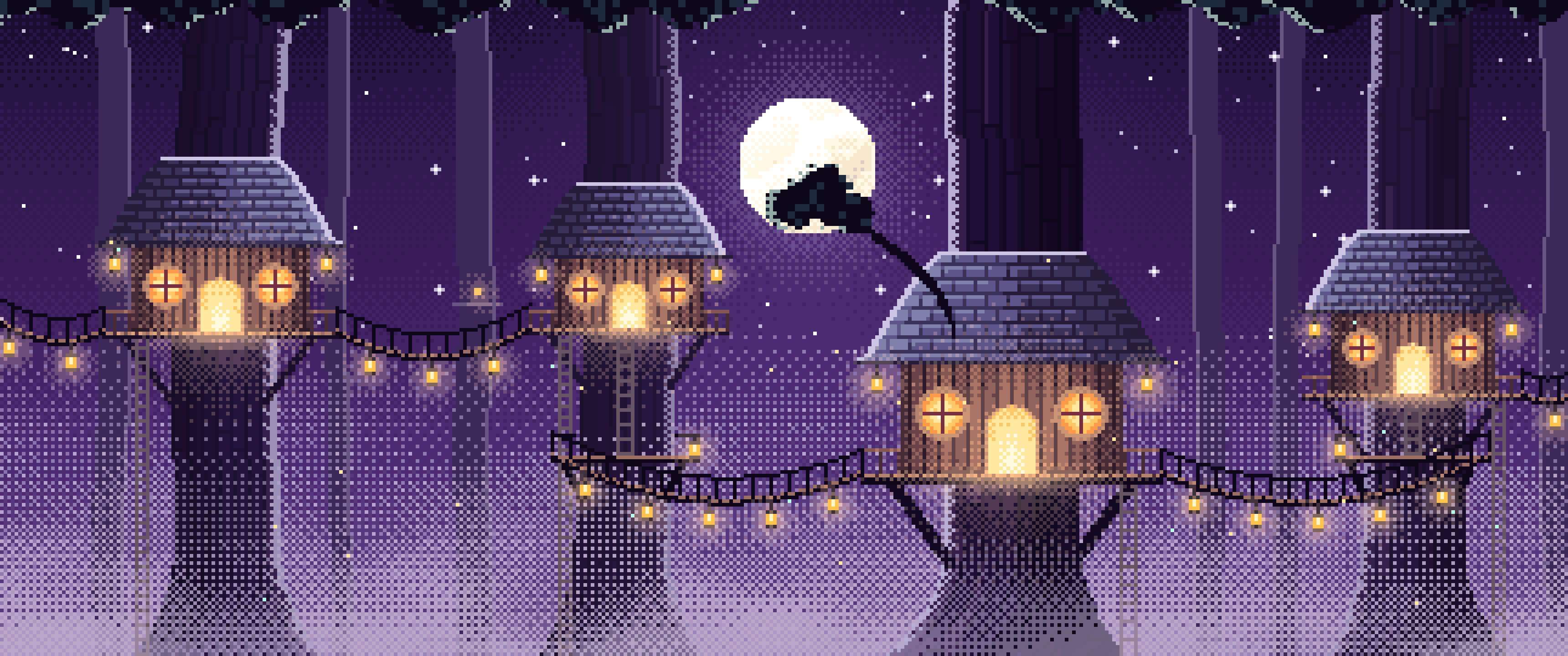 Dark Purple Pixel Art Treehouse in a Fantasy Forest ultrawide wallpaper, 3440 × 1440