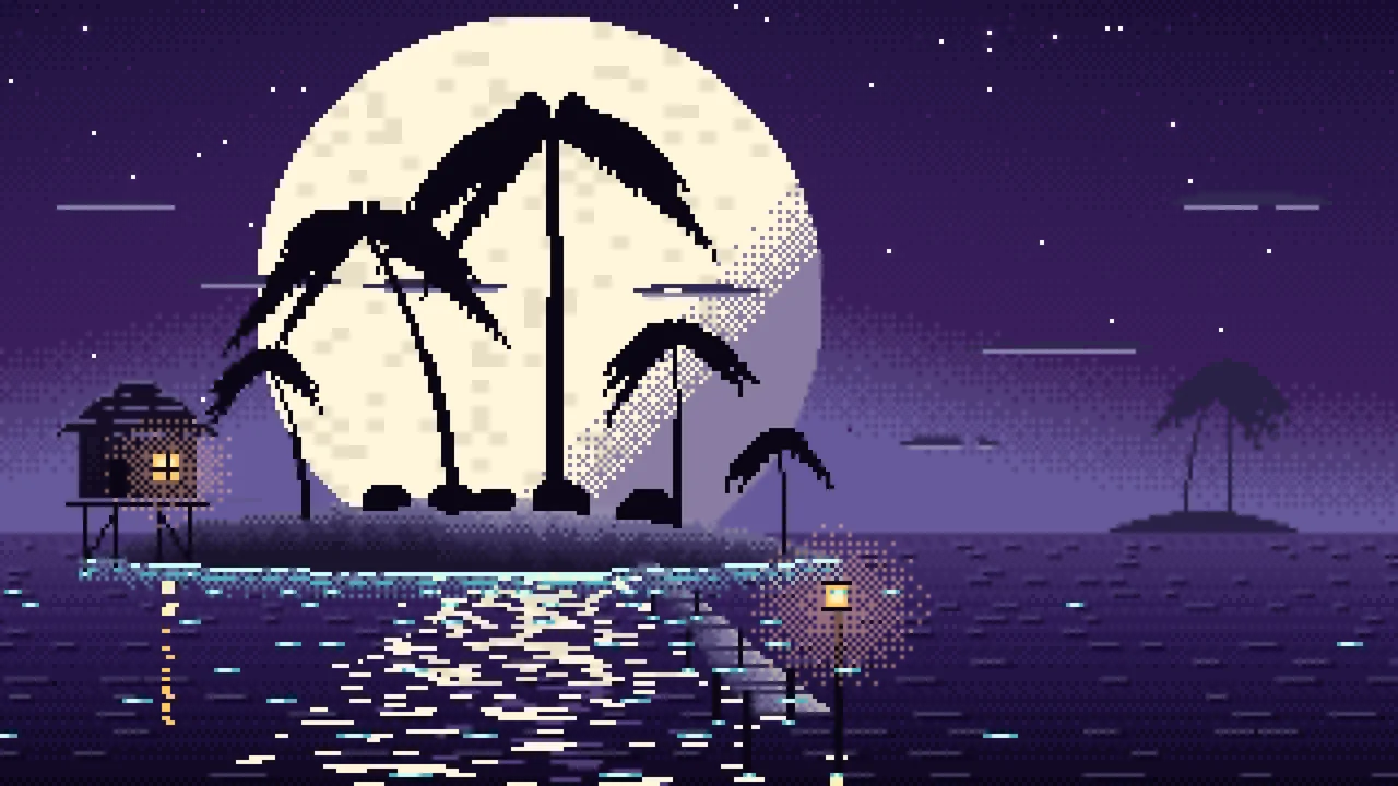 Dark Purple Pixel Art Tropical Island at Night desktop wallpaper in 4K