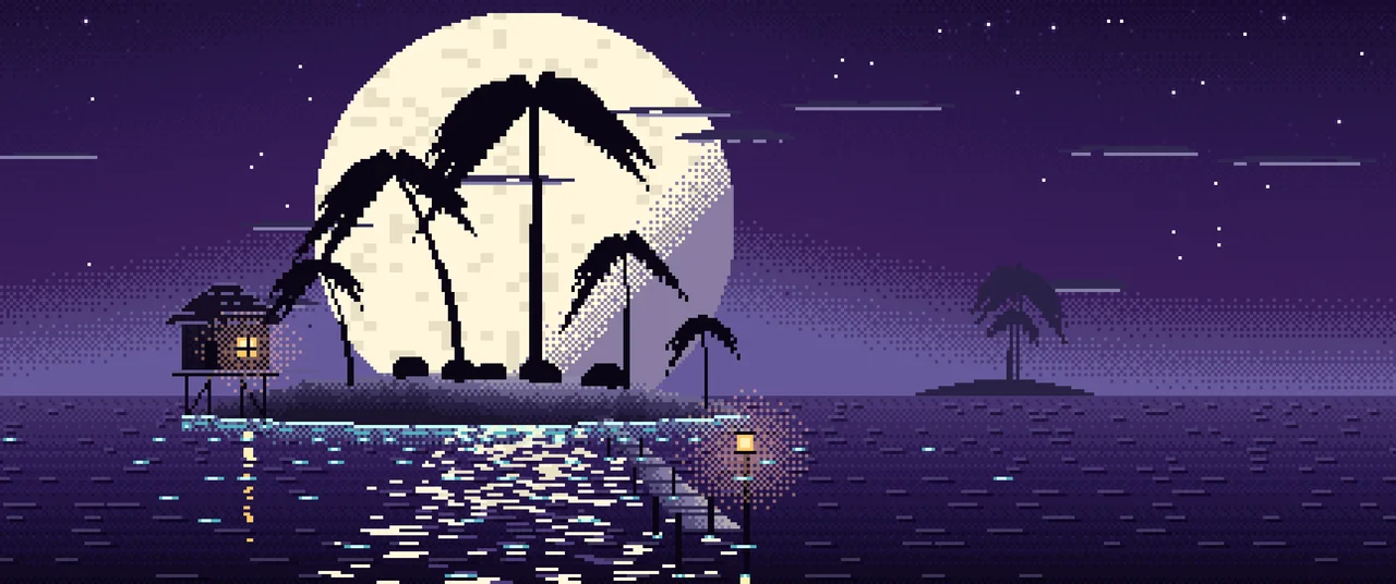 Dark Purple Pixel Art Tropical Island at Night ultrawide wallpaper, 3440 × 1440