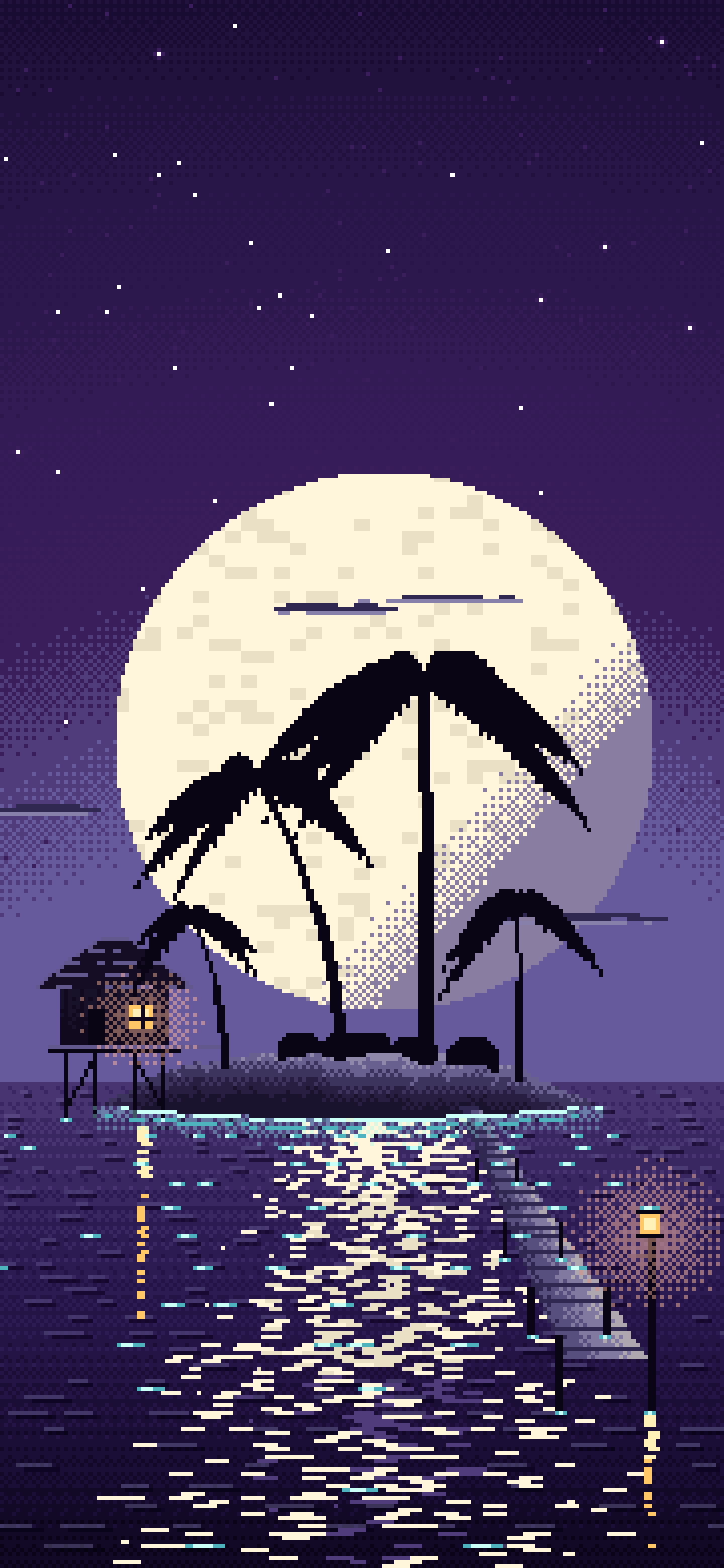 Dark Purple Pixel Art Tropical Island at Night wallpaper for iPhone and Android