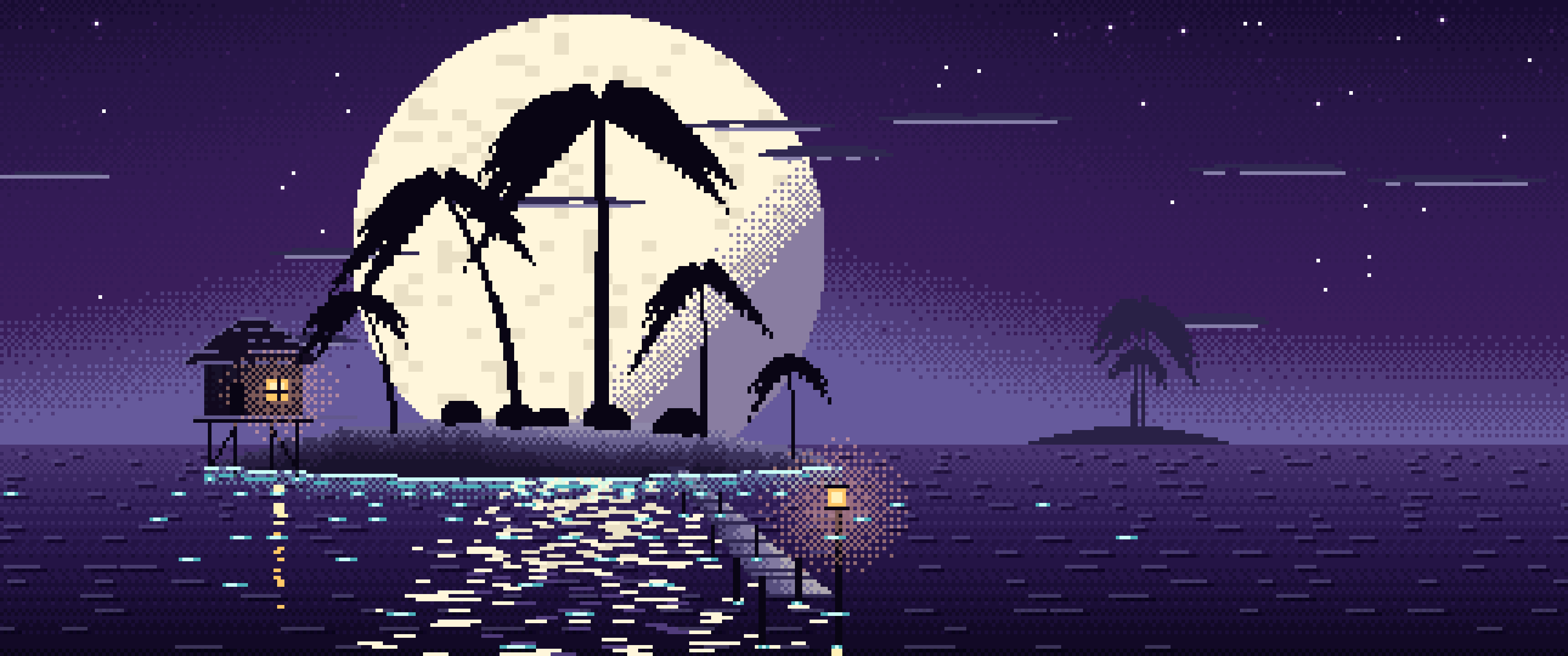 Dark Purple Pixel Art Tropical Island at Night ultrawide wallpaper, 3440 × 1440