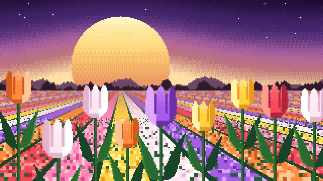 Dark Purple Pixel Art Tulip Field desktop wallpaper in 4K
