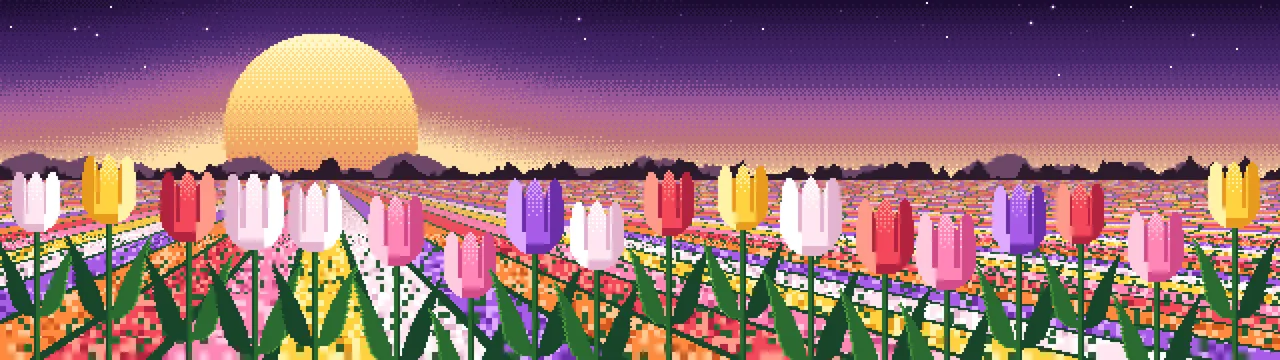 Dark Purple Pixel Art Tulip Field dual monitor wallpaper, 7680 × 2160