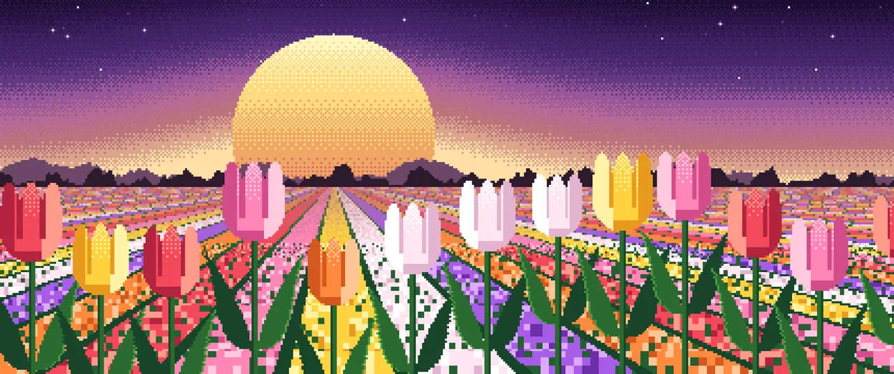 Dark Purple Pixel Art Tulip Field ultrawide wallpaper, 3440 × 1440