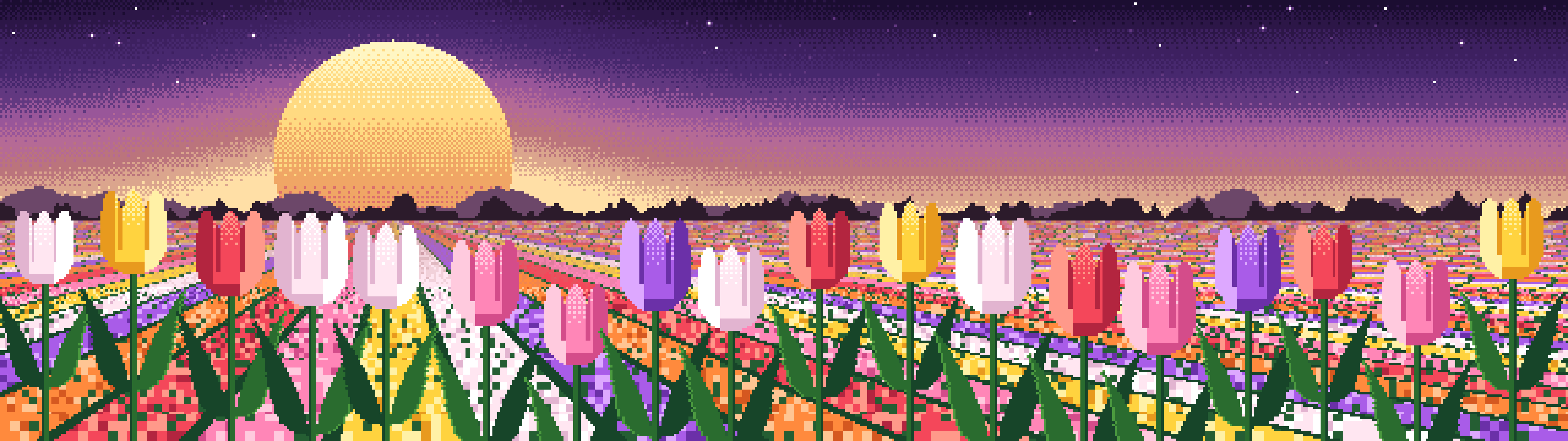 Dark Purple Pixel Art Tulip Field dual monitor wallpaper, 7680 × 2160