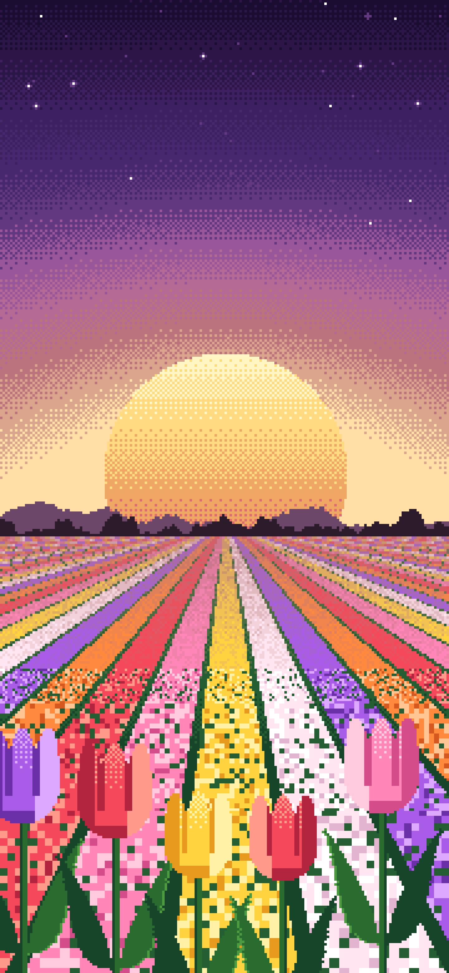 Dark Purple Pixel Art Tulip Field wallpaper for iPhone and Android