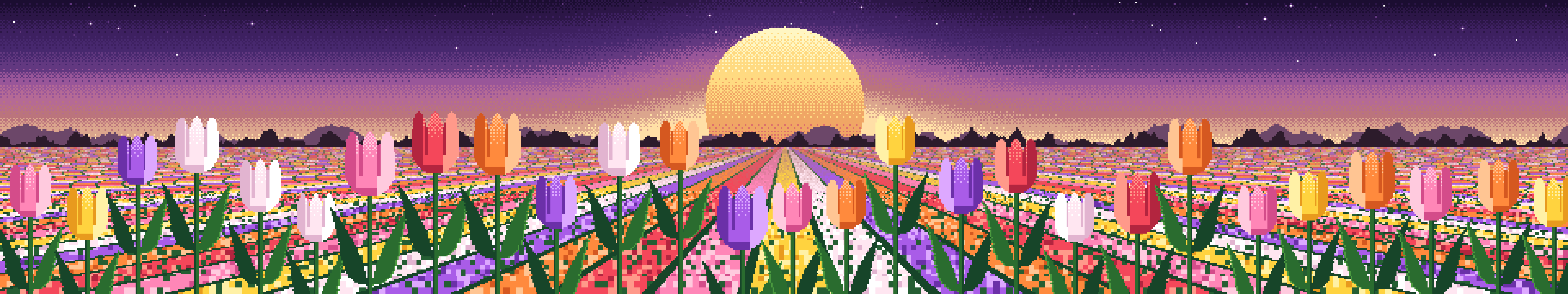 Dark Purple Pixel Art Tulip Field triple monitor wallpaper, 7680 × 1440