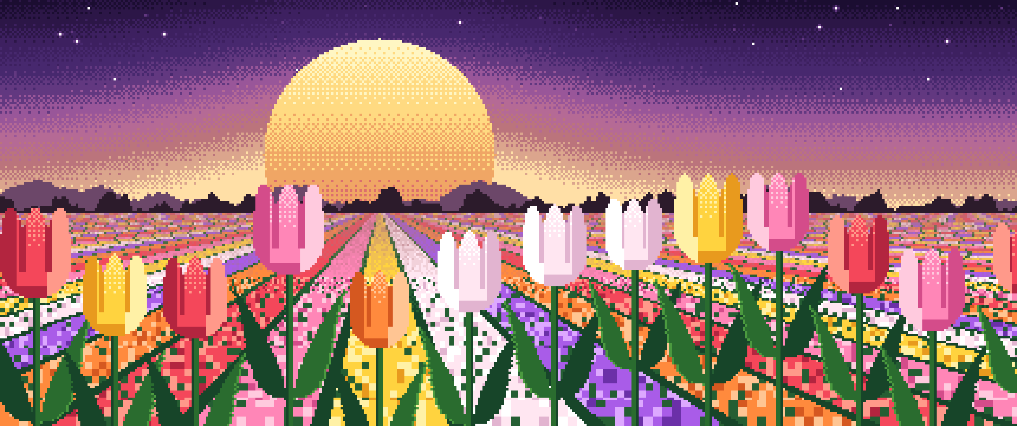 Dark Purple Pixel Art Tulip Field ultrawide wallpaper, 3440 × 1440