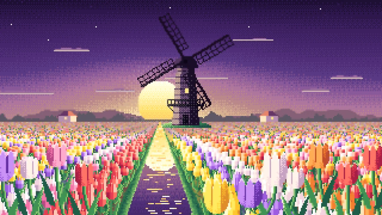Dark Purple Pixel Art Tulip Fields and Windmill at Sunrise desktop wallpaper in 4K