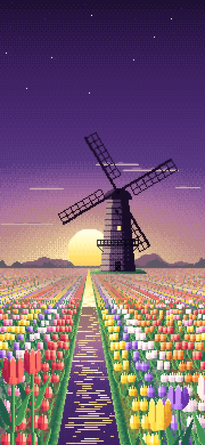 Dark Purple Pixel Art Tulip Fields and Windmill at Sunrise wallpaper for iPhone and Android