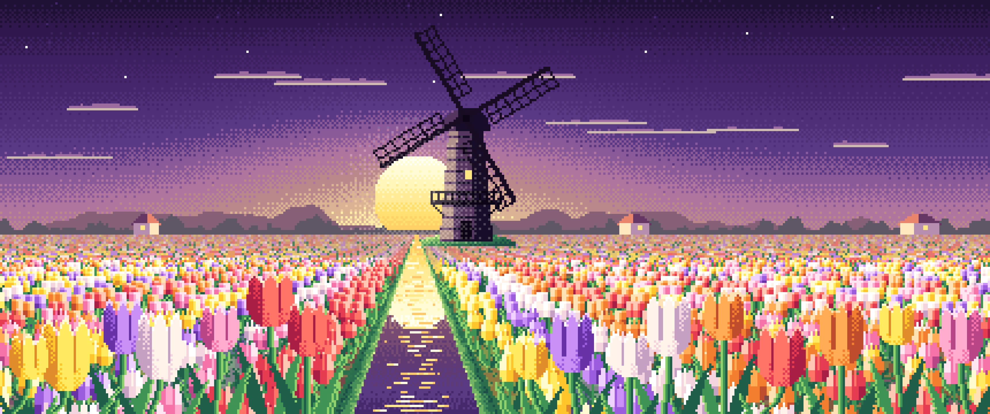 Dark Purple Pixel Art Tulip Fields and Windmill at Sunrise ultrawide wallpaper, 3440 × 1440