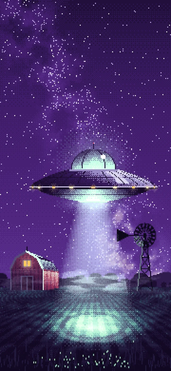 Dark Purple Pixel Art UFO over a Farm at Night wallpaper for iPhone and Android