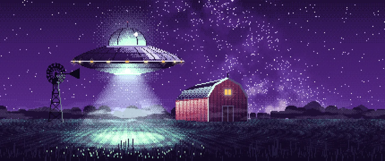 Dark Purple Pixel Art UFO over a Farm at Night ultrawide wallpaper, 3440 × 1440