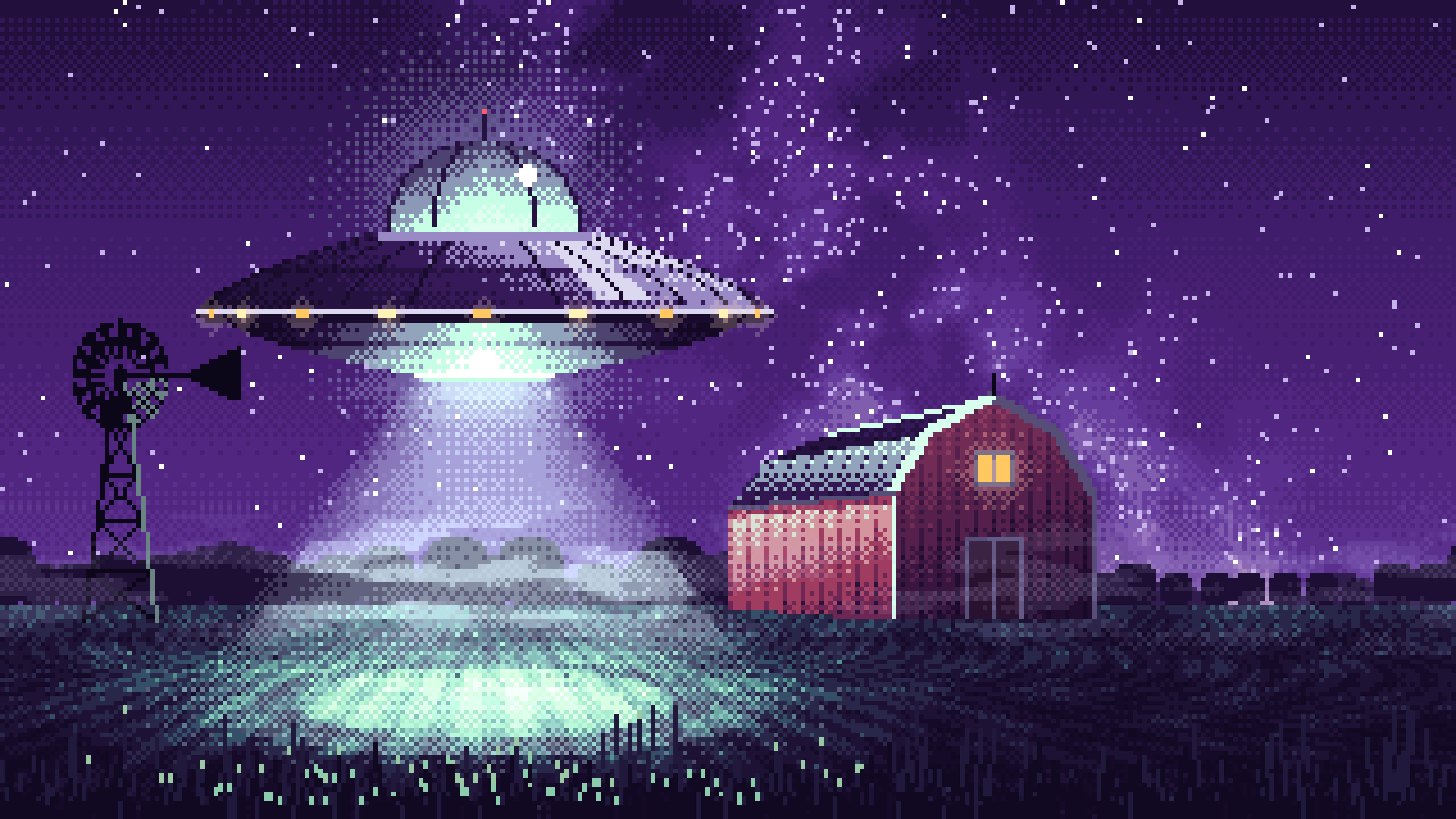 Dark Purple Pixel Art UFO over a Farm at Night desktop wallpaper in 4K