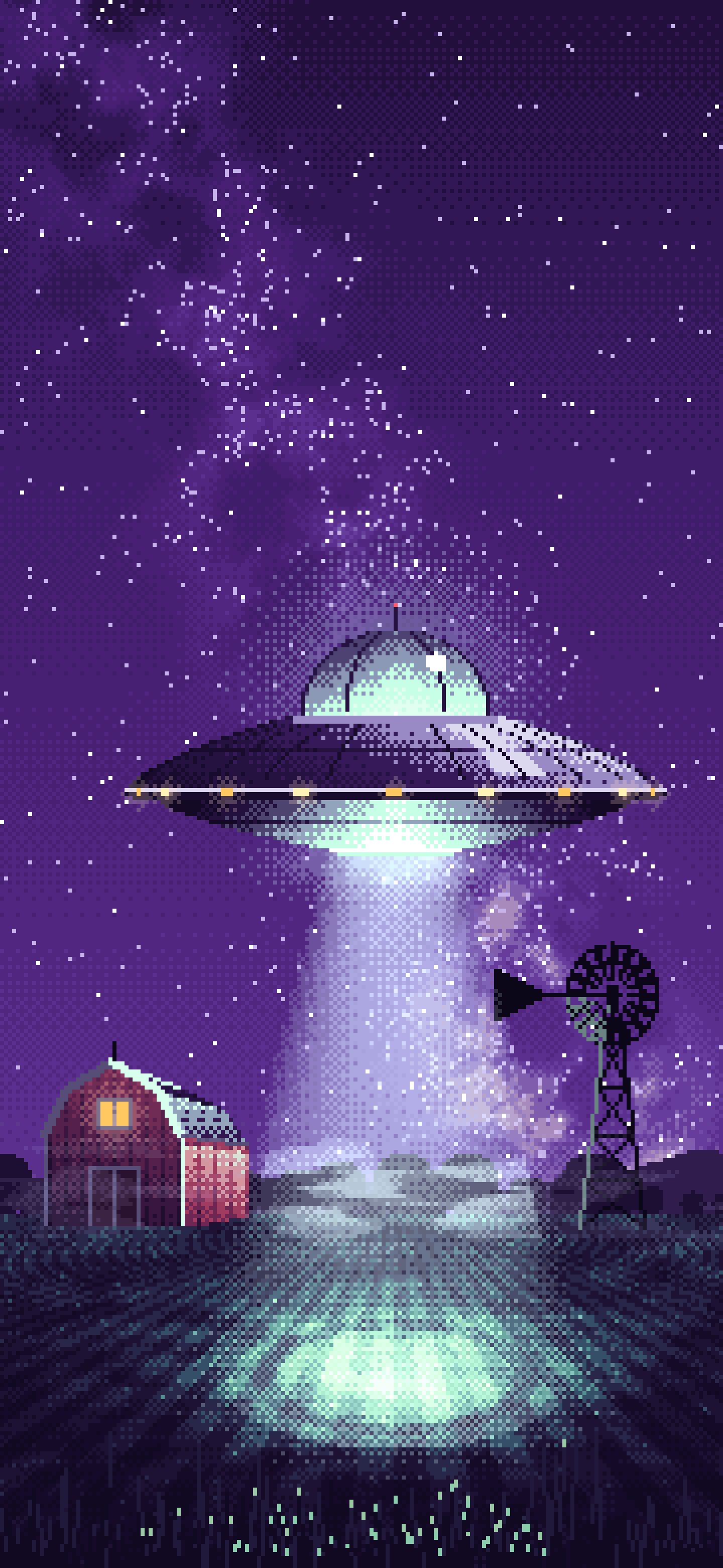 Dark Purple Pixel Art UFO over a Farm at Night wallpaper for iPhone and Android