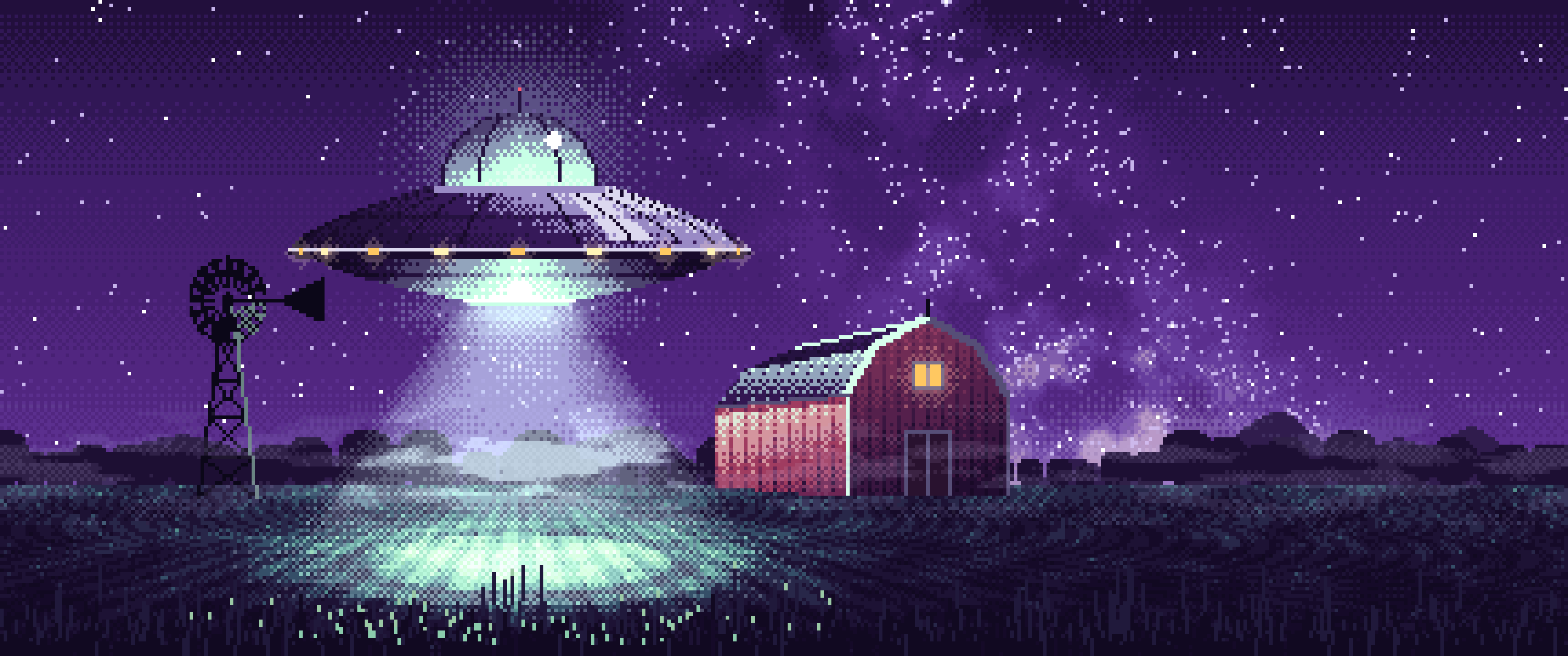 Dark Purple Pixel Art UFO over a Farm at Night ultrawide wallpaper, 3440 × 1440