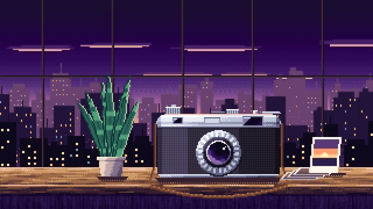 Dark Purple Pixel Art Vintage Camera on a Windowsill at Dusk desktop wallpaper in 4K