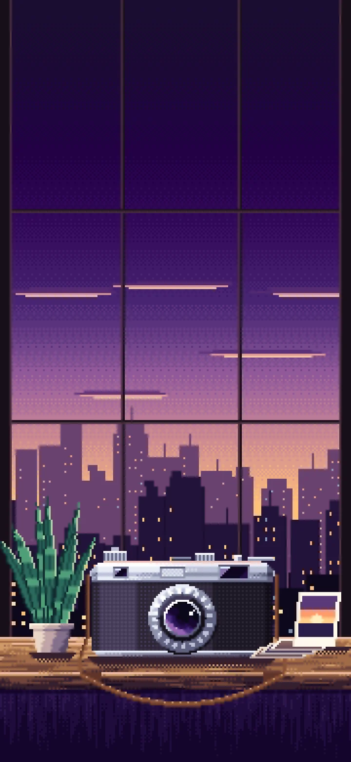 Dark Purple Pixel Art Vintage Camera on a Windowsill at Dusk wallpaper for iPhone and Android