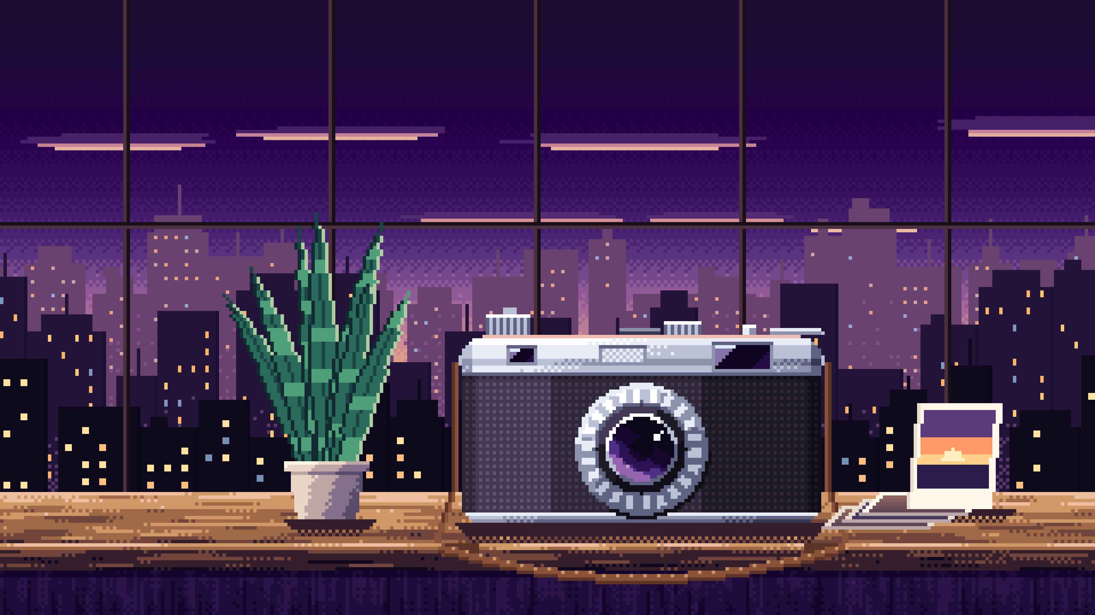 Dark Purple Pixel Art Vintage Camera on a Windowsill at Dusk desktop wallpaper in 4K