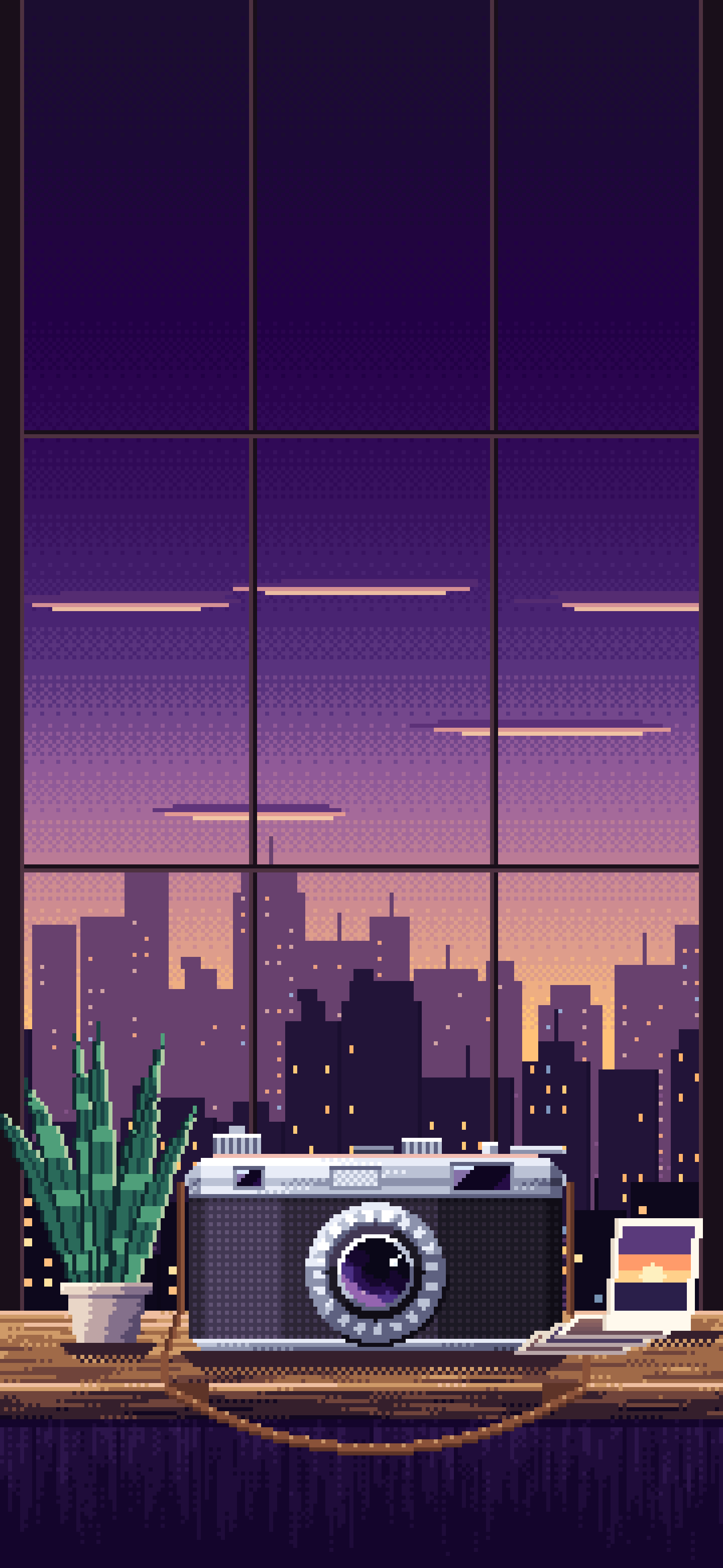 Dark Purple Pixel Art Vintage Camera on a Windowsill at Dusk wallpaper for iPhone and Android