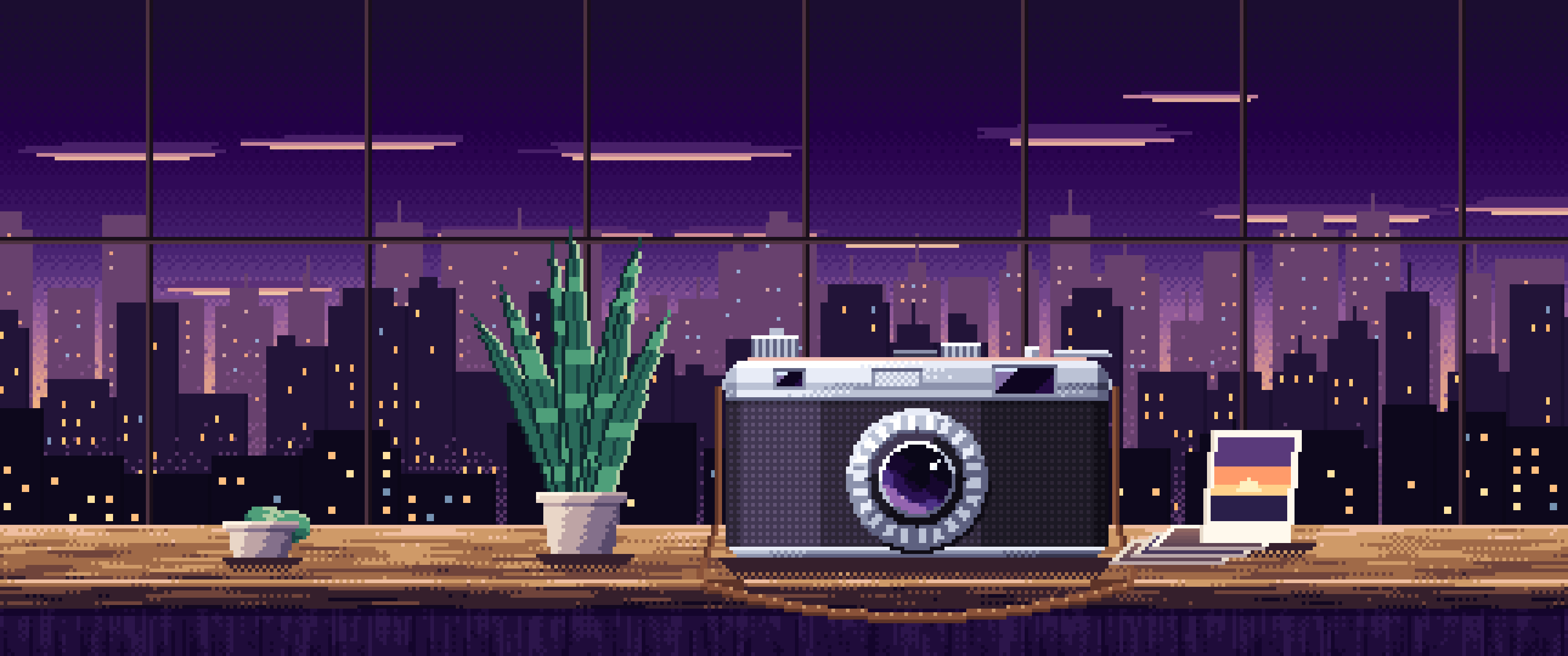Dark Purple Pixel Art Vintage Camera on a Windowsill at Dusk ultrawide wallpaper, 3440 × 1440