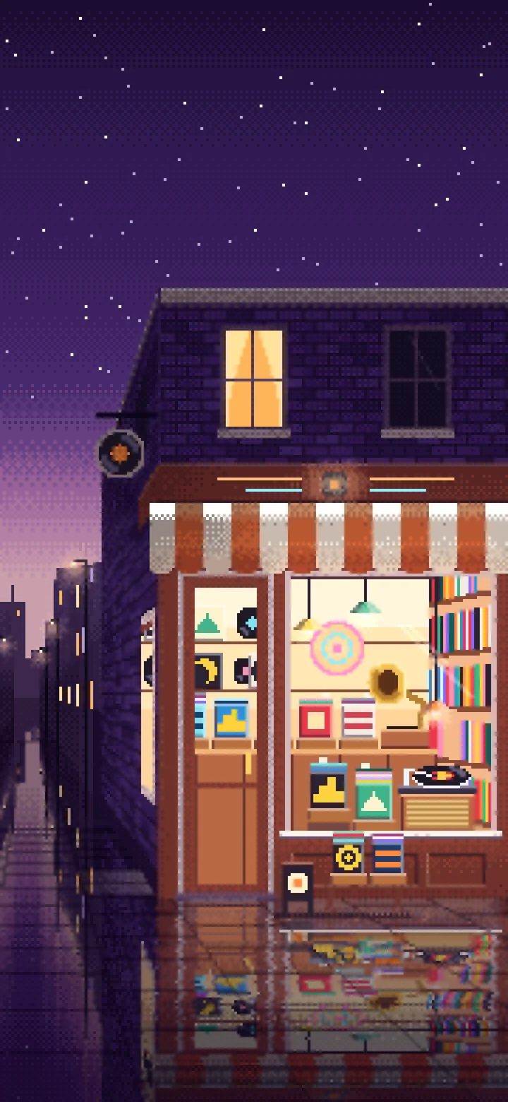 Dark Purple Pixel Art Vinyl Record Store wallpaper for iPhone and Android
