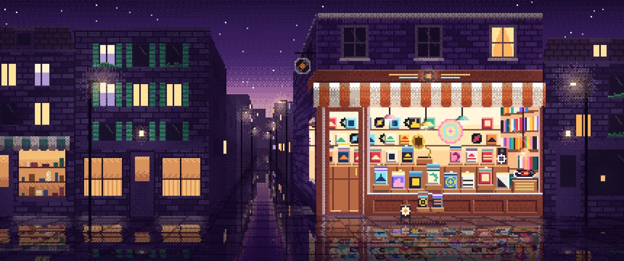 Dark Purple Pixel Art Vinyl Record Store ultrawide wallpaper, 3440 × 1440