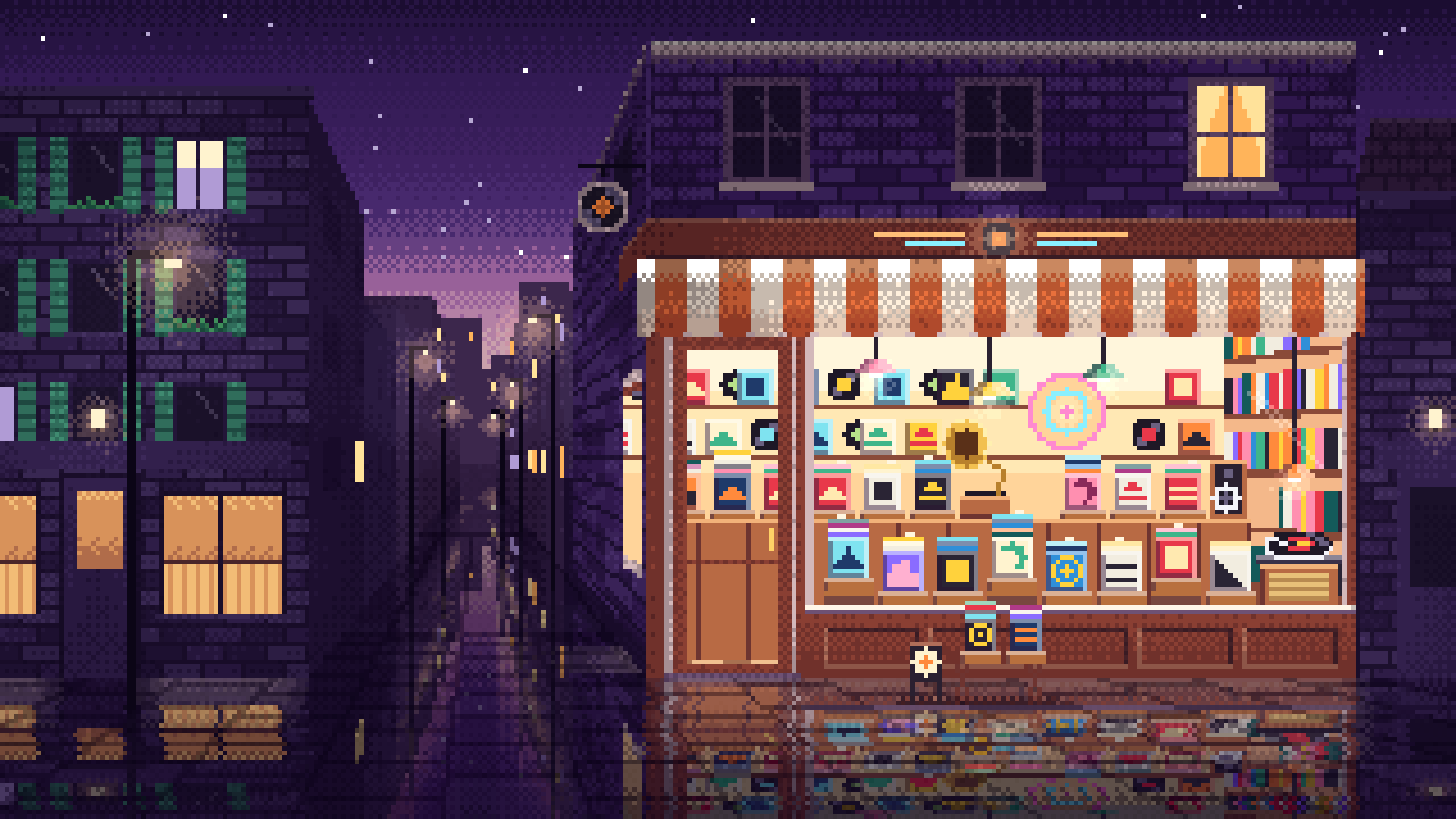 Dark Purple Pixel Art Vinyl Record Store desktop wallpaper in 4K