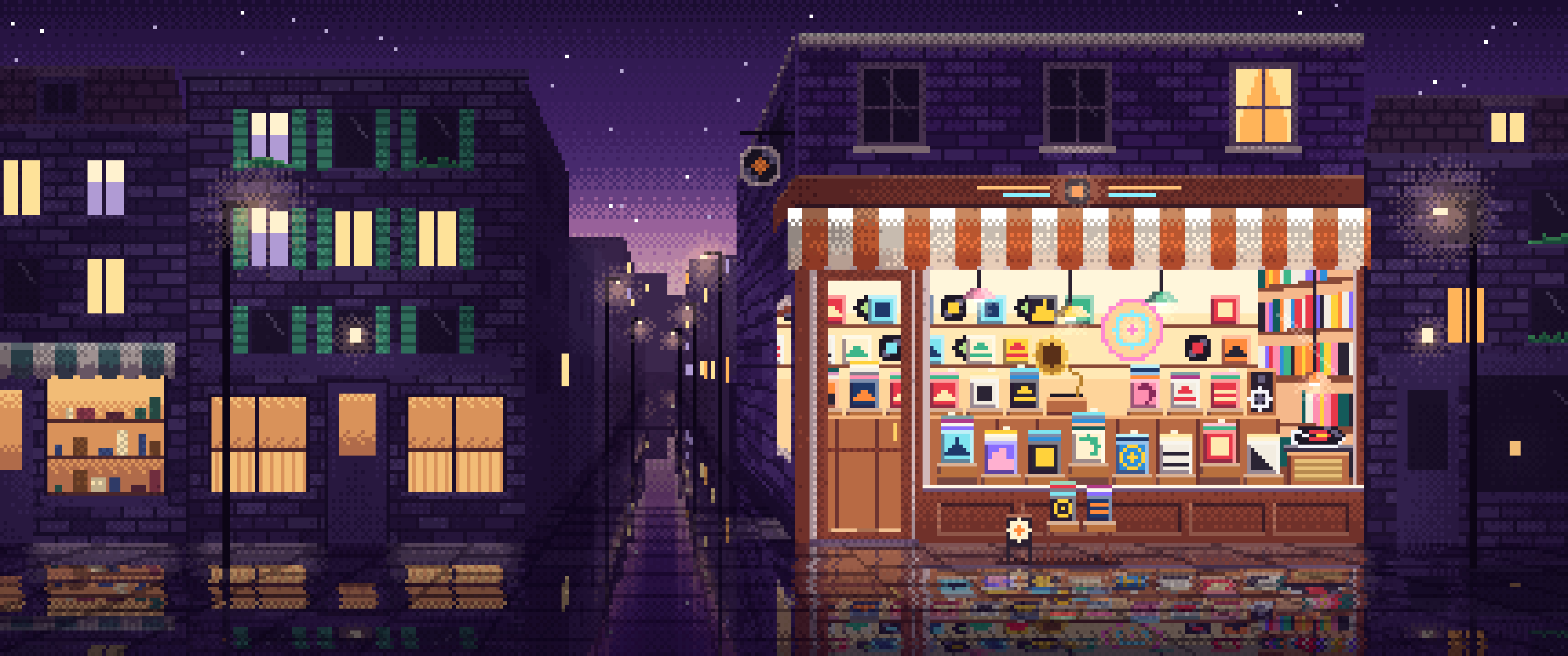 Dark Purple Pixel Art Vinyl Record Store ultrawide wallpaper, 3440 × 1440