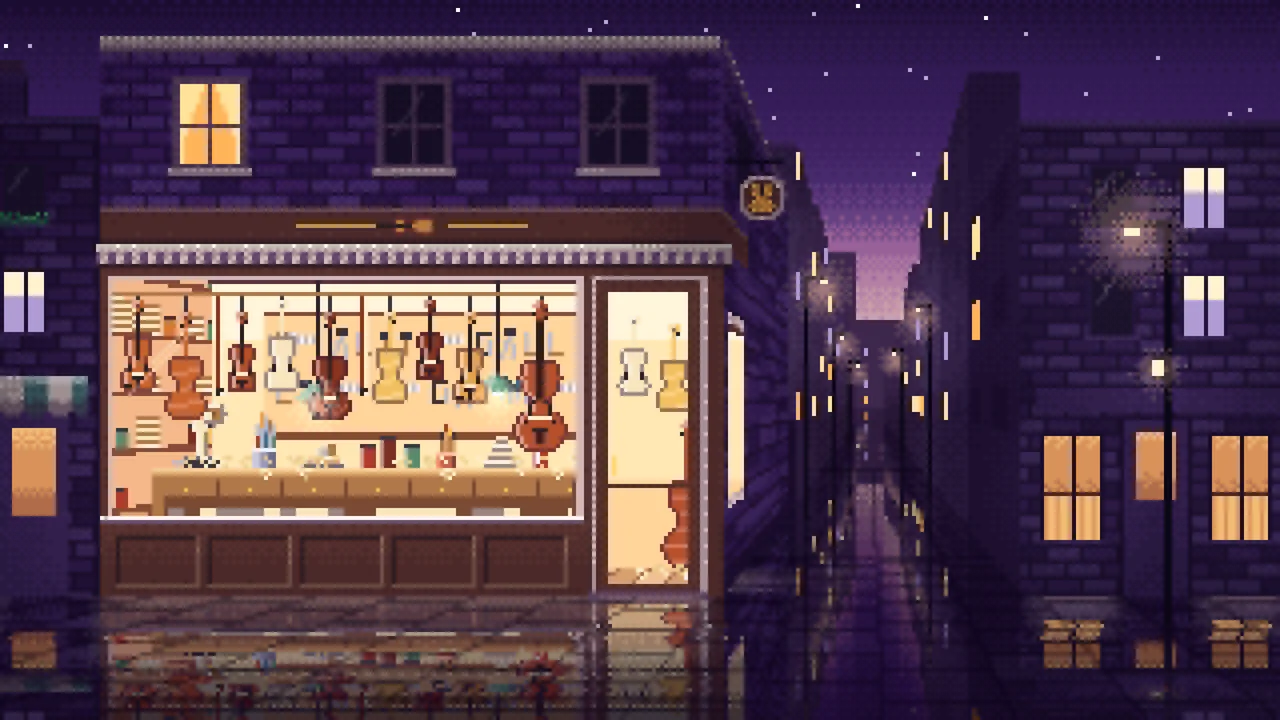 Dark Purple Pixel Art Violin Workshop desktop wallpaper in 4K