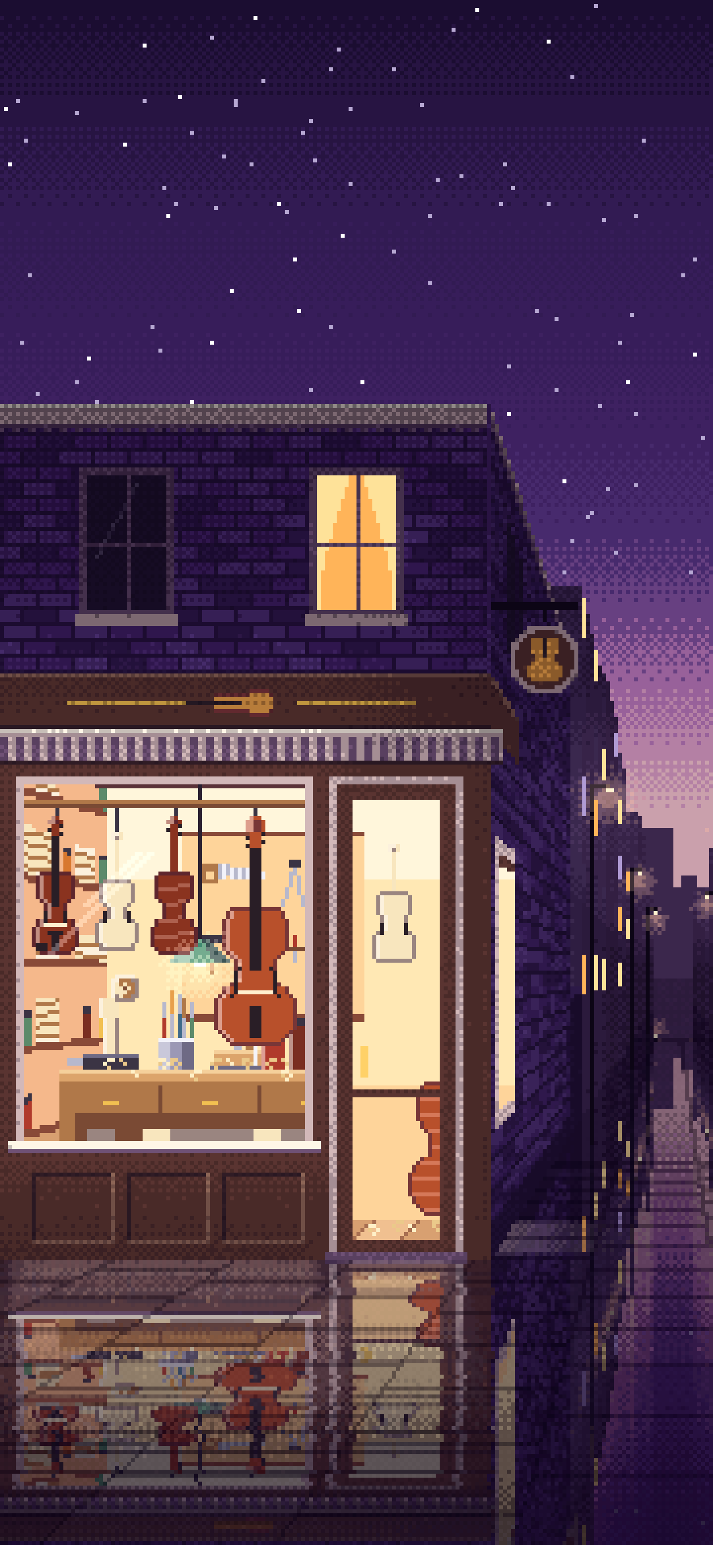 Dark Purple Pixel Art Violin Workshop wallpaper for iPhone and Android