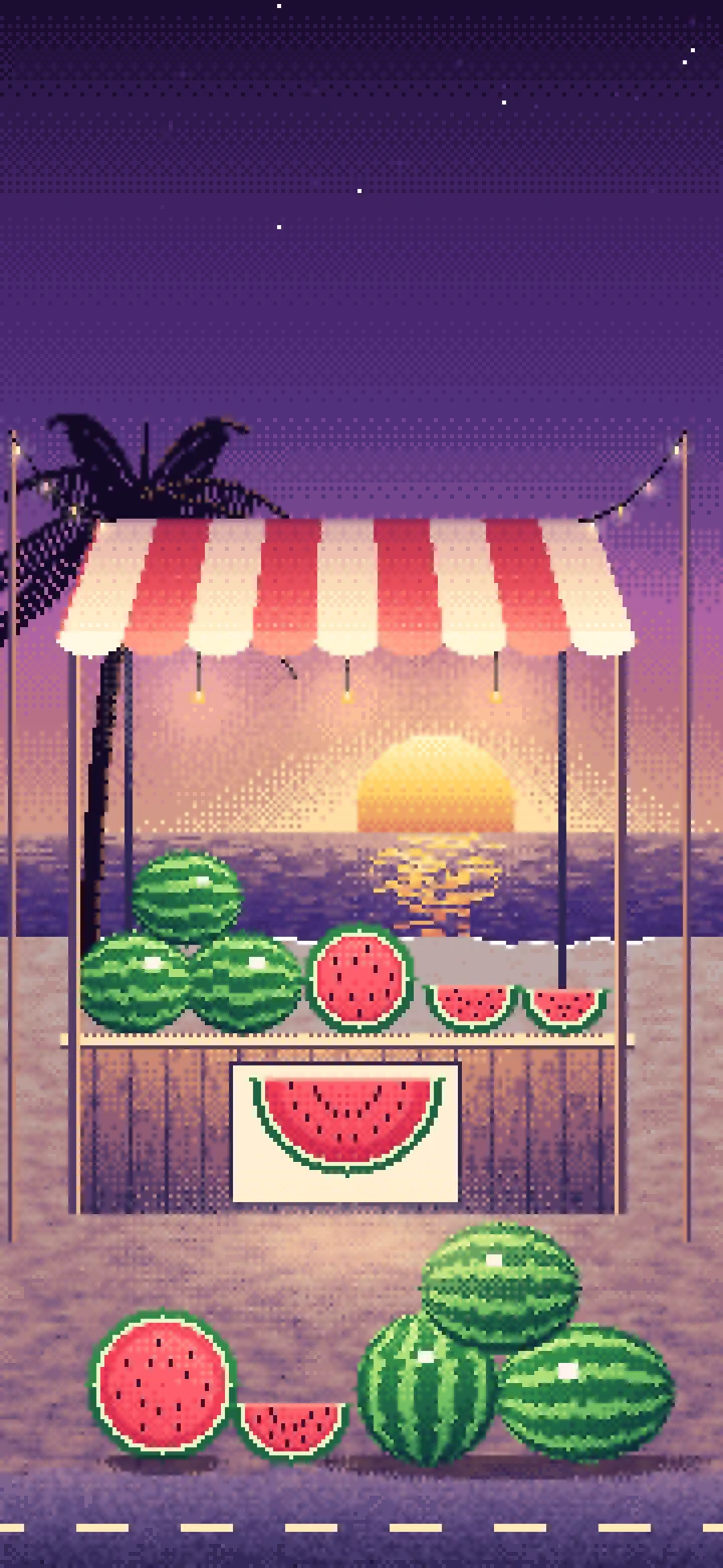 Dark Purple Pixel Art Watermelon Stand at the Beach wallpaper for iPhone and Android
