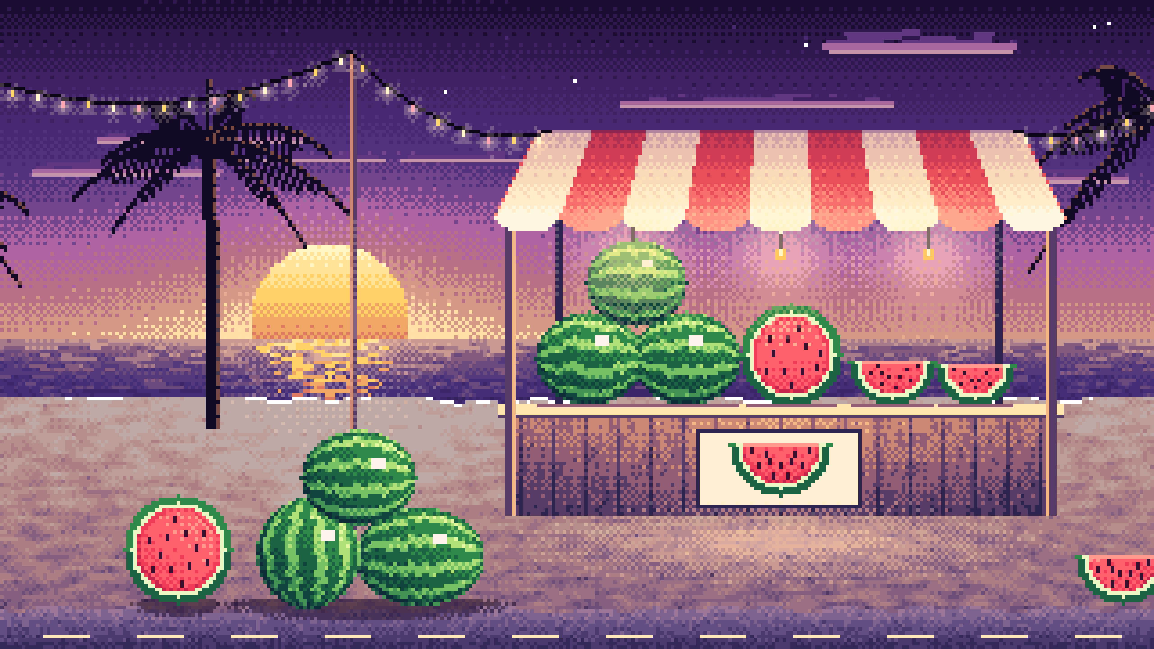 Dark Purple Pixel Art Watermelon Stand at the Beach desktop wallpaper in 4K