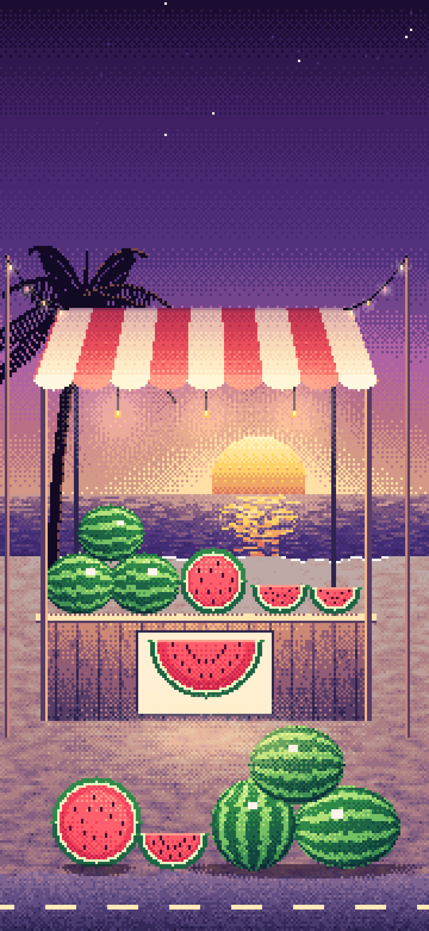 Dark Purple Pixel Art Watermelon Stand at the Beach wallpaper for iPhone and Android